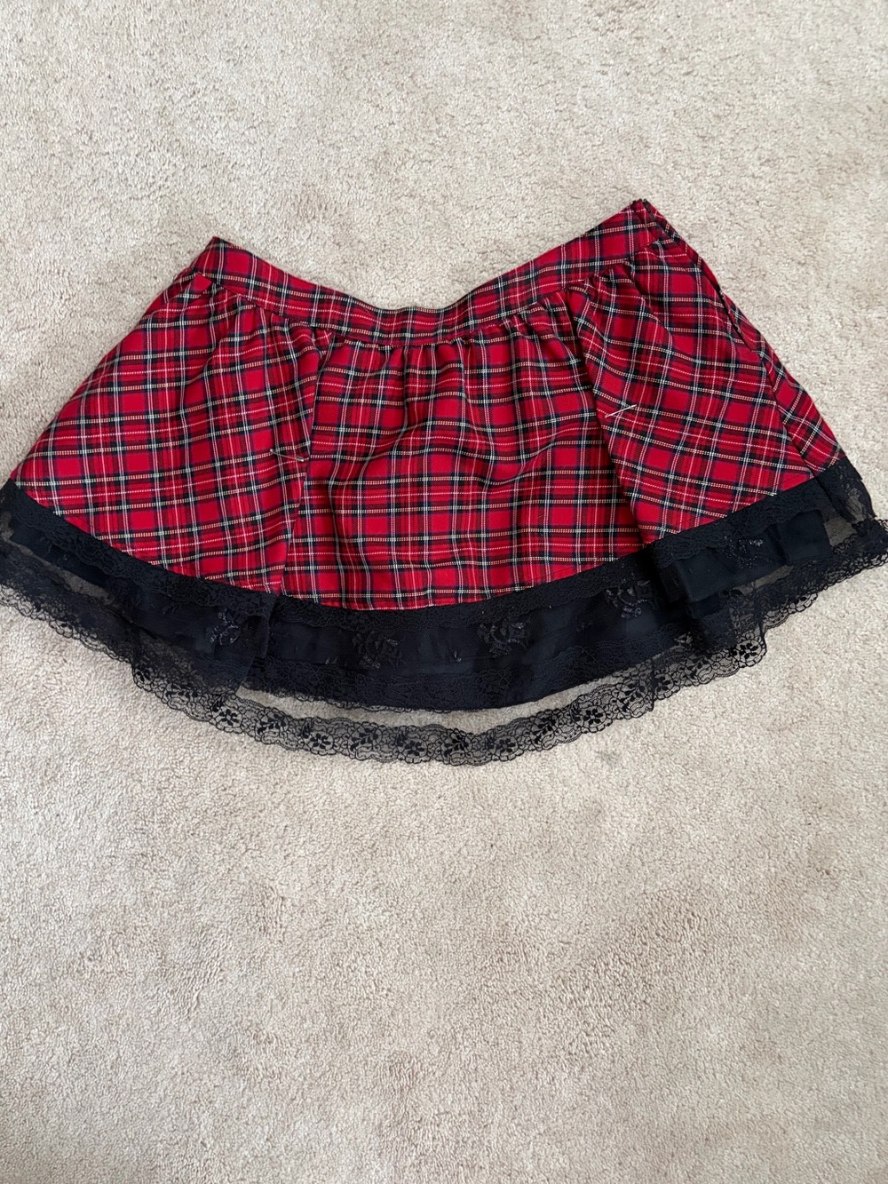 Lip Service Red Plaid Skater Skirt with Black Lace Trim